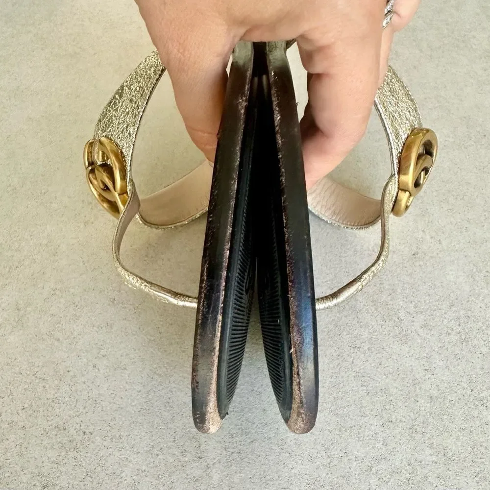Gucci GG Marmont Sandals Metallic Gold Leather Thong Flats Flip Flops Size 37